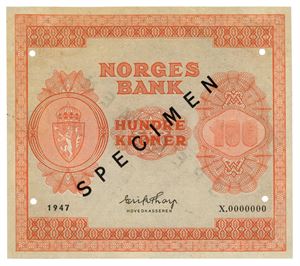100 kroner 1947. X0000000. Limrester/traces of glue