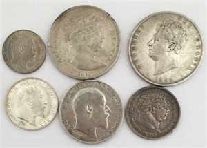 Lot 6 stk. sølvmynter. 1/2 crown 1817, 1825, florin 1910, shilling 1816, 1910 og 6 pende 1902