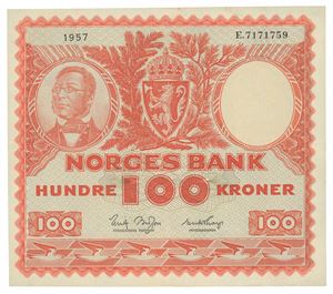 Norway. 100 kroner 1957. E7171759. Litt smuss på revers/some dirt on reverse