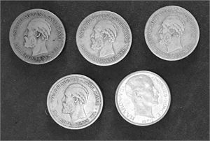 Lot 5 stk. 1 krone 1889, 1890, 1892, 1898 og 1917