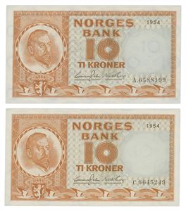 Lot 2 stk. 10 kroner 1954 A og C