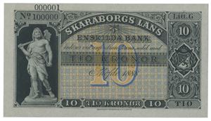 Skaraborgs Läns Enskilda Bank, 10 kronor 1888. Blankett. No.100000-00001. Hullmakulert SPECIMEN/holecancelled SPECIMEN. I PMG forsegling gradert som MS64