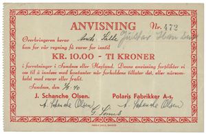 Polaris Fabrikker A-s. 10 kroner 1940. Nr. 472. Hull, blyantskrift på revers