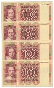 Lot 4 stk. 100 kroner 1980. HD, HE, HG og HH. Erstatningssedler/replacement notes