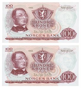 100 kroner 1962. Z0018128 og 29 (2 stk.). Erstatningssedler/replacement notes. I nummerrekkefølge