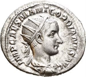 Gordian III. AD 238-244. AR antoninianus, Roma AD 238-239, (4,37 g). Radiate and draped bust of Gordian III right / PROVIDENTIA AVG, Providentia standing left, holding globe and transverse sceptre. Lightly toned. A few hairlines on the reverse.