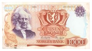 1000 kroner 1983. Z0100151. Erstatningsseddel/replacement note. Flekker/spots