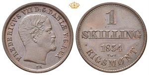 1 skilling rigsmønt 1854. Prøvemynt/pattern