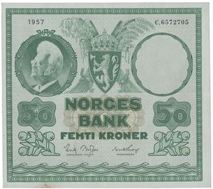 50 kroner 1957 C 6572705.  Vannmerke type II.  Fingeravtrykk.