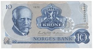 10 kroner 1972. QZ0068709. Erstatningsseddel/replacement note