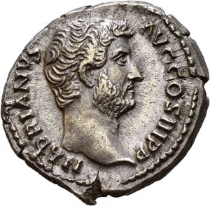 Hadrian. AD 117-138. AR denarius, Roma, AD 137-138, (3,09 g). Bare head of Hadrian right  / PROVINDEN-TIA AVG, Providentia standing left, holding sceptre and pointing at globe at feet to left. Well struck and with an expressive portrait. Attractive steel grey toning.