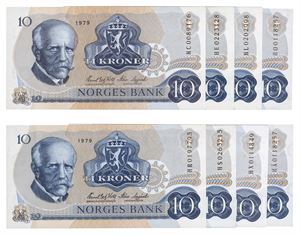 Lot 8 stk. 10 kroner 1979. HC, HE, HL, HO, HR, HS, HX og HÅ. Erstatningssedler/replacement notes