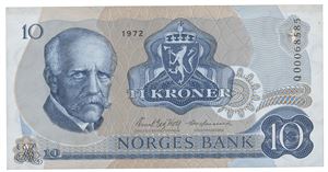 10 kroner 1972. QO0068585. Erstatningsseddel/replacement note