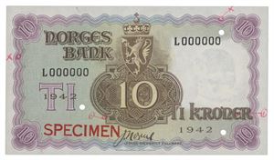 10 kroner London 1942. L000000. Specimen. RRR. Påført markeringer/added marks
