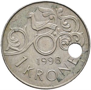 1 krone 1998 skjevt hull