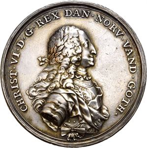 Christian VI. Dansk-svensk forbund 1734. Wahl/Arbien. Sølv. 41 mm