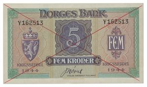 5 kroner 1944. Y162513. Kansellert med rødt kryss på begge sider