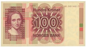 100 kroner 1977. HL0014615. Erstatningsseddel/replacement note