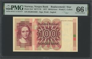 100 kroner 1977. HG0010402. Erstatningsseddel/replacement note
