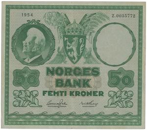 50 kroner 1954. Z.0035772. Erstatningsseddel/replacement note. UNIK/UNIQUE.