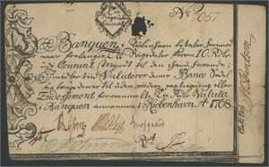 10 rigsdaler courant 1768. No. 7057. Små rifter og hull i blindstempel/small tears and hole in blind stamp