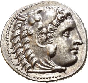 KINGS OF MACEDON, Demetrios I Poliorketes (306/5-283 BC). AR drachm (4,33 g). In the name and types of Alexander III. Struck in Miletos 295/4 BC. Head of Heracles right, wearing lion skin headdress / A?E?AN?POY, Zeus Aëtophoros seated on thone left, holding eagle and scepter; labrys below throne; monogram in left field. A fine coin with well preserved and lusterous surfaces.