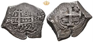 8 reales cob, 1751-1753. Potosi mint. (27,60 g). Luis de Quintanilla, assayer (Guardein). Pregesprekk og saltvannskorrosjon/striking crack and saltwater corrosion