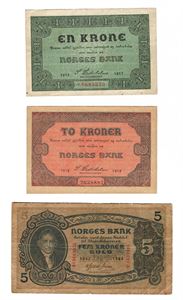 Lot 3 stk. 2 kroner 1918, 1 krone 1917 C og 5 kroner 1942 U.