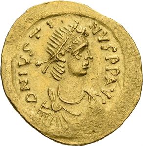 Justin II 565-578, semissis, Constantinople (2,24 g). R: Victoria sittende mot høyre