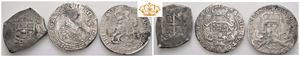 Lott 3 stk. sølvmynter fra Akerendam. Mexico, 8 reales cob u.år/n.d.; Dukaton Brabant 1665, og dukaton West Friesland 1676