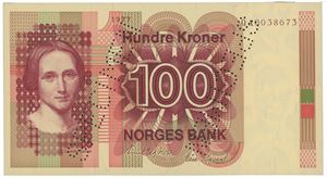 100 kroner 1977. QA0038673. Perforert "SPECIMEN". RR