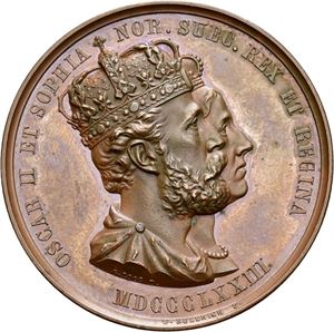 Oscar II, kroningen 1873. Universitetets minnemedalje. Kullrich/Weigand. Bronse 42 mm
