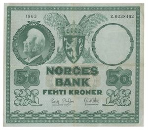 50 kroner 1963. Z0228462. Erstatningsseddel/replacement note. R.