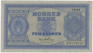5 kroner 1949. D.9732511.