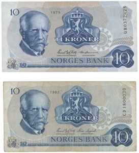 10 kroner lot 1975 QH 0372425.  Erstatningsseddel og 1982 CD 1800000.