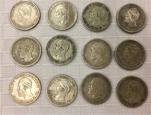 Lot 12 stk. 50 øre 1877, 1887, 1889, 1891, 1893, 1895, 1896, 1897, 1898, 1899, 1900 og 1902