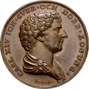 Carl XIV Johan. Minnemedalje over tilbakekomsten til Stockholm etter 5 måneders reise til Norge 1839. C.H.B. Bronse. 52 mm