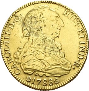 Carl III, 8 escudos 1788. Sevilla. Blankettfeil/planchet defects