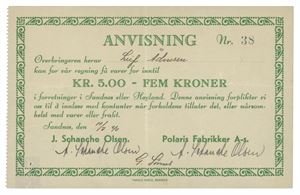 Polaris Fabrikker. 5 kroner 1940. No. 38
