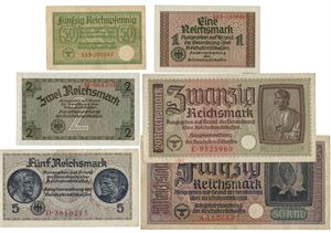 Komplett sett 6 stk. 50-, 20-, 5-, 2- og 1 reichsmark samt 50 reichspfennig.