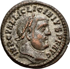 Licinius I 308-324, Æ follis, Heraclea 312 e.Kr. R: Jupiter stående mot venstre. Fullt sølvbelegg/fully silvered