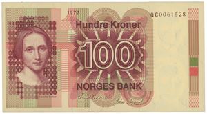 100 kroner 1977. QC0061528. Erstatningsseddel/replacement note