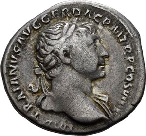 Trajan 98-117, denarius, Roma 115 e.Kr. R: Trajan Pater sittende mot venstre