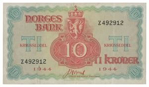 Norway. 10 kroner 1944. Z492912. Spor etter binders på revers/trace from paper clip on reverse