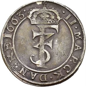 FREDERIK III 1648-1670, CHRISTIANIA, 2 mark 1663. Minimalt spor av anheng/mionor trace of mounting. S.27