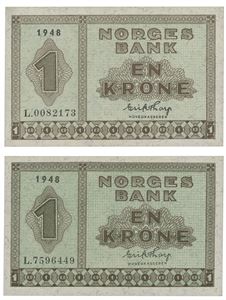 Lott 2 stk. 1 krone 1948. L.0082173 og L.7596449