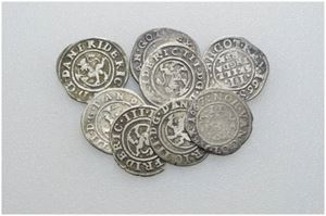 Lot 8 stk. 2 skilling 1663, 1664 (2), 1665, 1666 (2), 1667 og 1668.