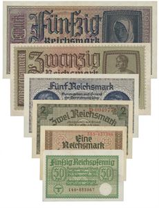 Lott 6 stk. 50 pfenning, 1, 2, 5, 20 og 50 reichsmark ND (1939-45).