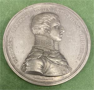 Carl XIII. Kronprins Carl Augusts død 1810. Enhörning. Sølv. Galvano. 57 mm. Riper og svakt bøyd/scratches and slightly bent