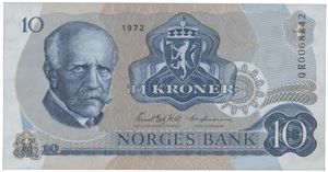 10 kroner 1972. QR0068842. Erstatningsseddel.